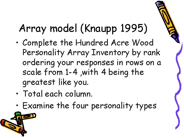 Array model (Knaupp 1995) • Complete the Hundred Acre Wood Personality Array Inventory by