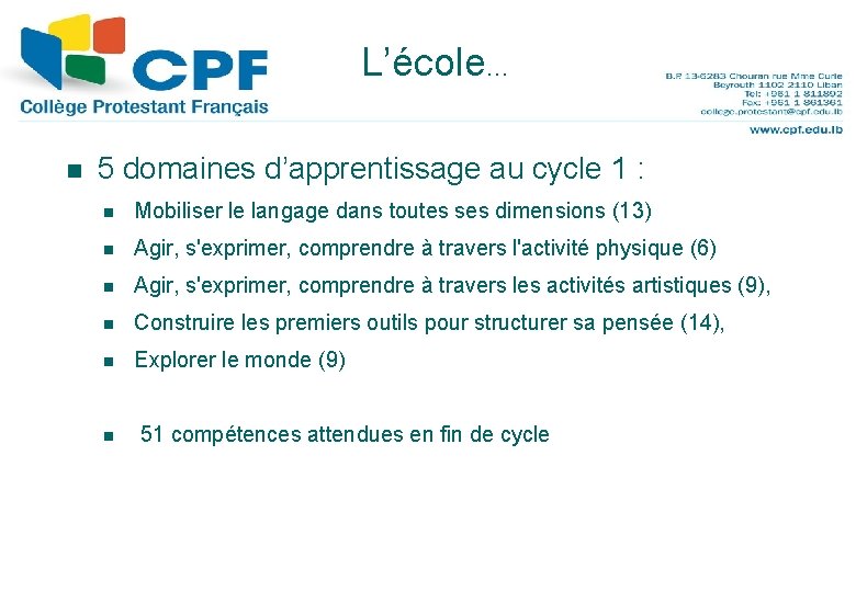 L’école… 15 n 5 domaines d’apprentissage au cycle 1 : n Mobiliser le langage