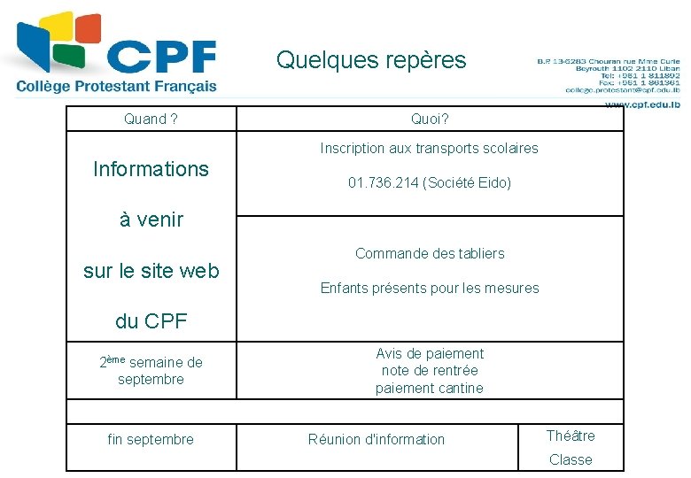 Quelques repères 26 Quand ? Quoi? Inscription aux transports scolaires Informations à venir sur