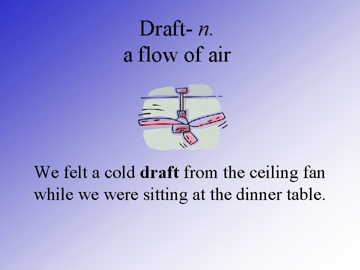 Draft- n. a flow of air We felt a cold draft from the ceiling