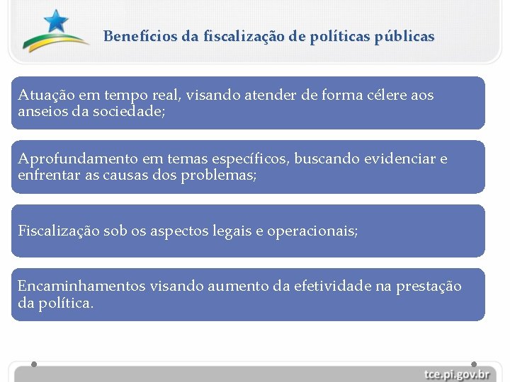 Benefícios da fiscalização de políticas públicas Atuação em tempo real, visando atender de forma