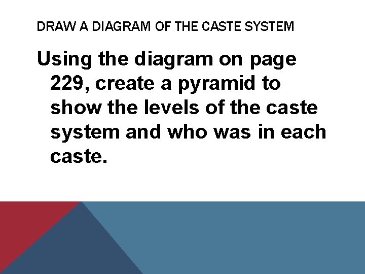 DRAW A DIAGRAM OF THE CASTE SYSTEM Using the diagram on page 229, create