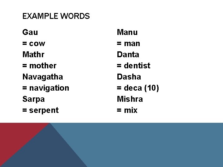 EXAMPLE WORDS Gau = cow Mathr = mother Navagatha = navigation Sarpa = serpent