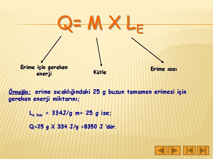 Q= M X LE Erime için gereken enerji Kütle Erime ısısı Örneğin; erime sıcaklığındaki