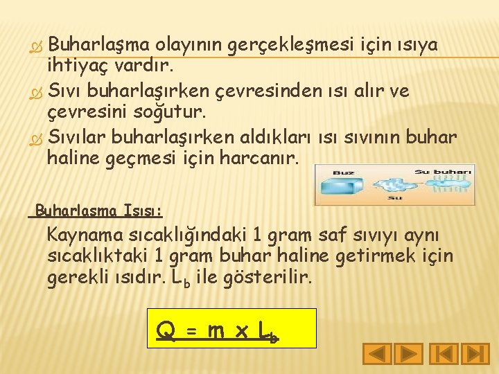 Buharlaşma olayının gerçekleşmesi için ısıya ihtiyaç vardır. Sıvı buharlaşırken çevresinden ısı alır ve çevresini