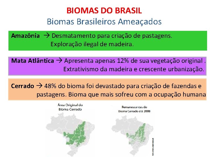 BIOMAS DO BRASIL Biomas Brasileiros Ameaçados Amazônia Desmatamento para criação de pastagens. Exploração ilegal