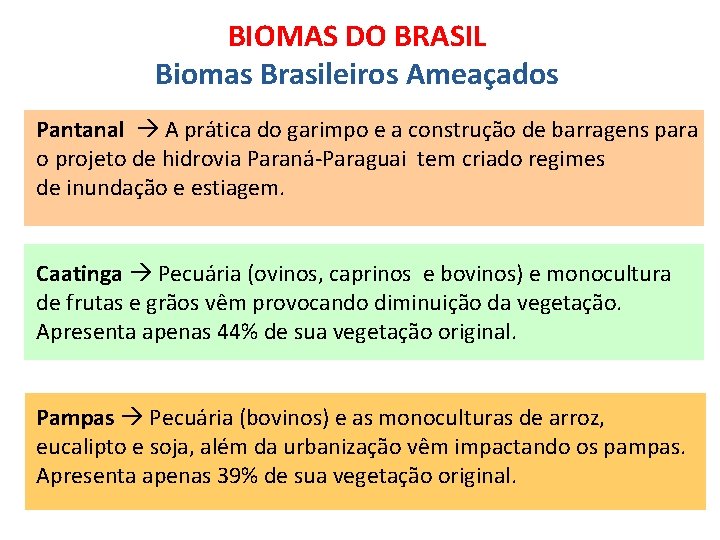 BIOMAS DO BRASIL Biomas Brasileiros Ameaçados Pantanal A prática do garimpo e a construção