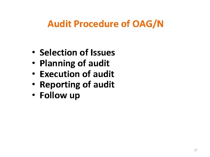 Audit Procedure of OAG/N • • • Selection of Issues Planning of audit Execution
