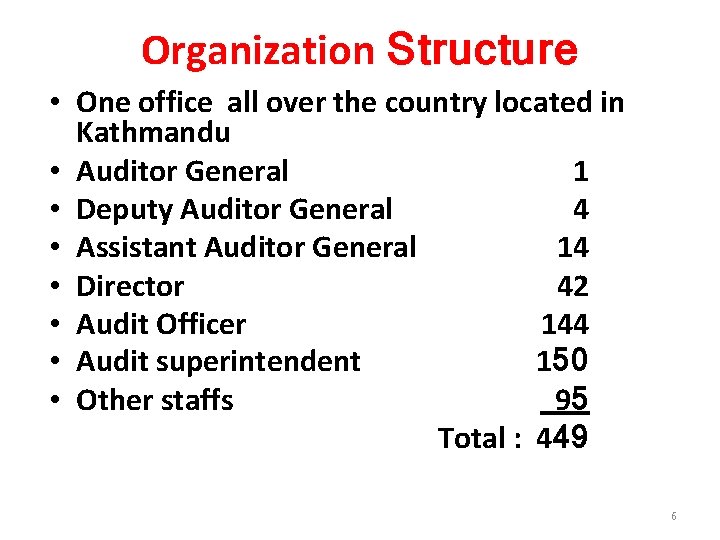 Organization Structure • One office all over the country located in Kathmandu • Auditor