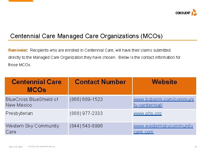 Centennial Care Managed Care Organizations (MCOs) Reminder: Recipients who are enrolled in Centennial Care,