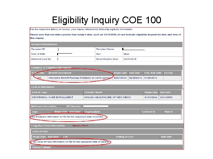 Eligibility Inquiry COE 100 