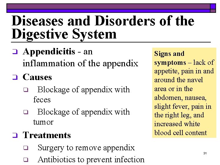 Diseases and Disorders of the Digestive System ❑ ❑ Appendicitis - an inflammation of