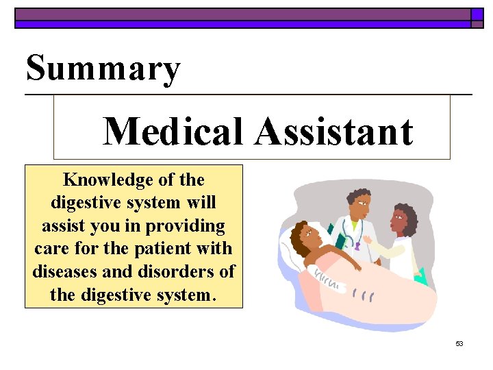Summary Medical Assistant Knowledge of the digestive system will assist you in providing care