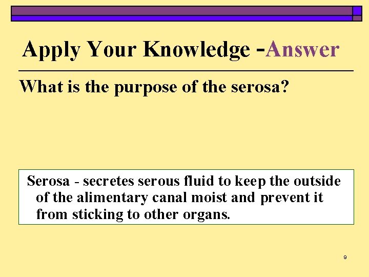 Apply Your Knowledge -Answer What is the purpose of the serosa? Serosa - secretes