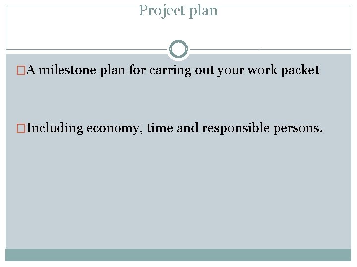 Project plan �A milestone plan for carring out your work packet �Including economy, time