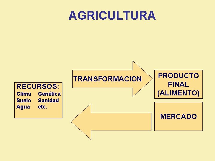 AGRICULTURA RECURSOS: Clima Suelo Agua Genética Sanidad etc. TRANSFORMACION PRODUCTO FINAL (ALIMENTO) MERCADO 