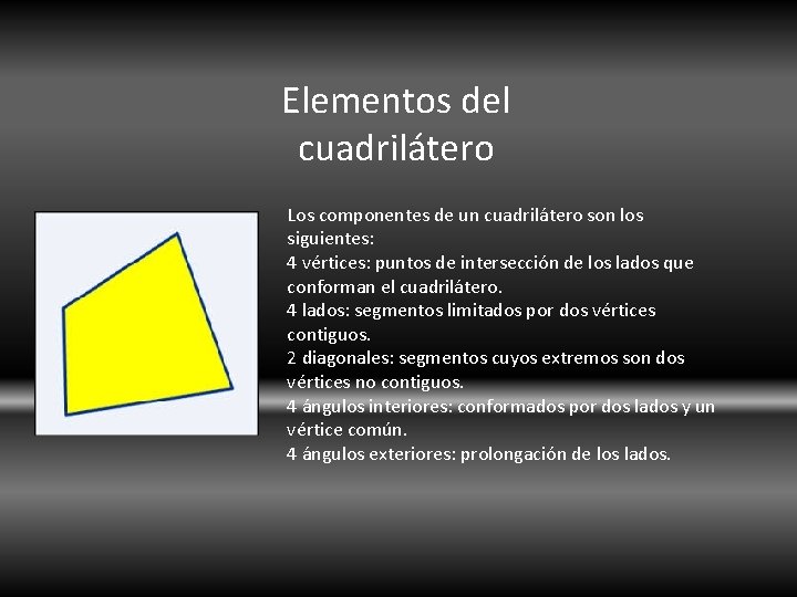 Elementos del cuadrilátero Los componentes de un cuadrilátero son los siguientes: 4 vértices: puntos