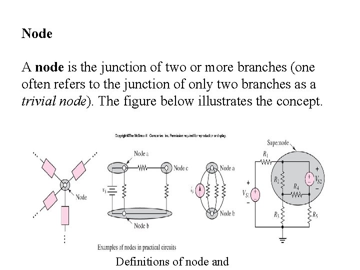 Node A node is the junction of two or more branches (one often refers