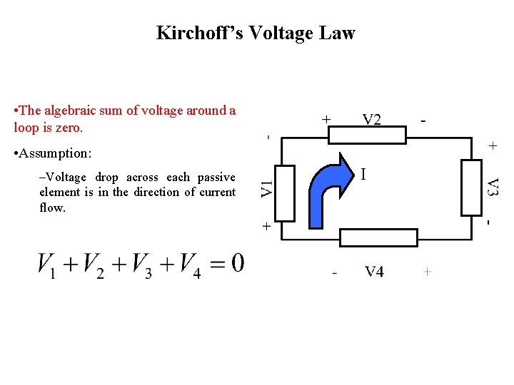 Kirchoff’s Voltage Law • The algebraic sum of voltage around a loop is zero.