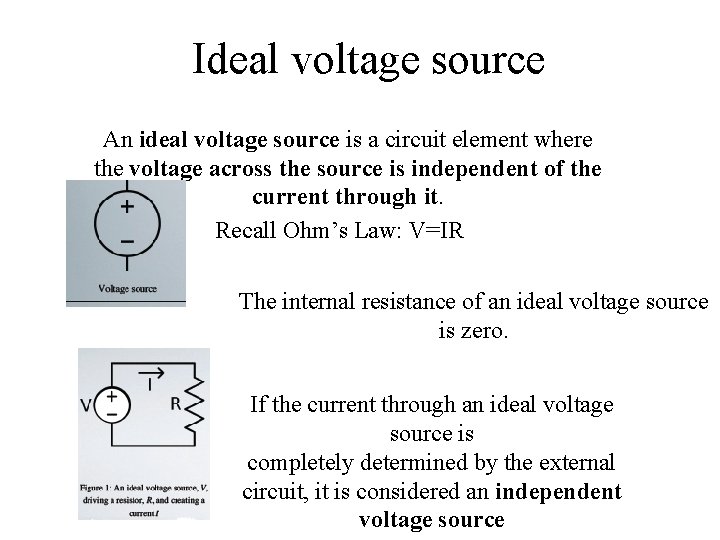 Ideal voltage source An ideal voltage source is a circuit element where the voltage