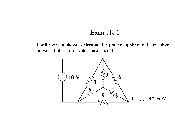 Example 1 For the circuit shown, determine the power supplied to the resistive network