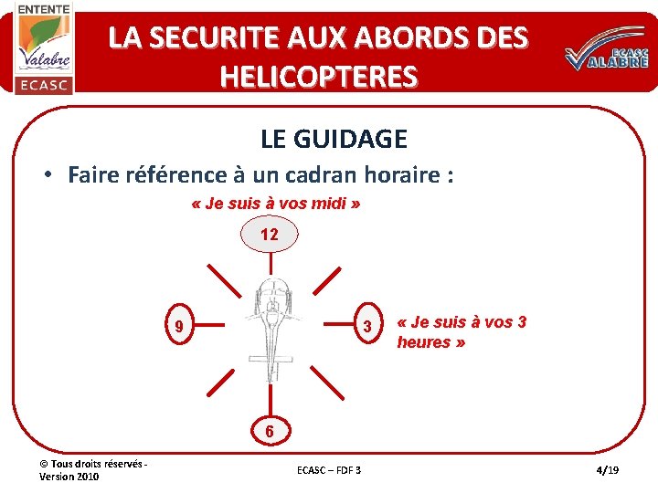 LA SECURITE AUX ABORDS DES HELICOPTERES LE GUIDAGE • Faire référence à un cadran