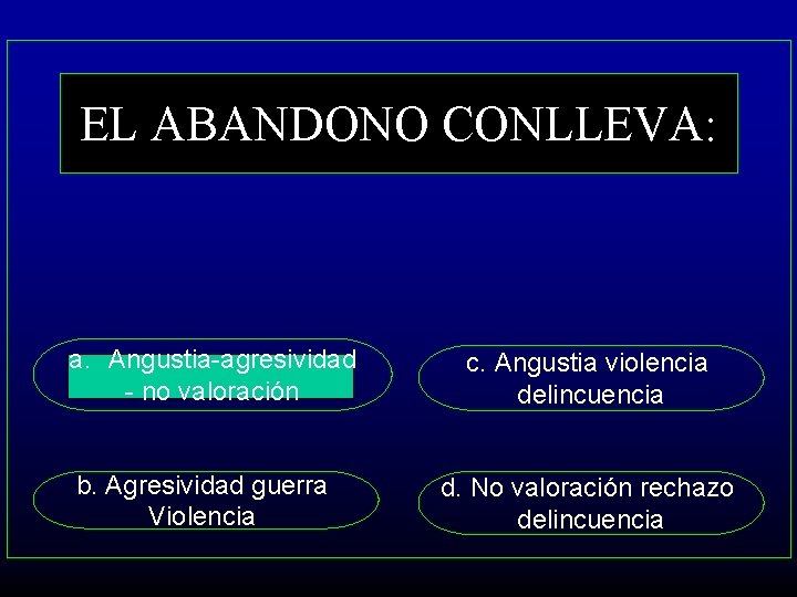 EL ABANDONO CONLLEVA: a. Angustia-agresividad - no valoración b. Agresividad guerra Violencia c. Angustia