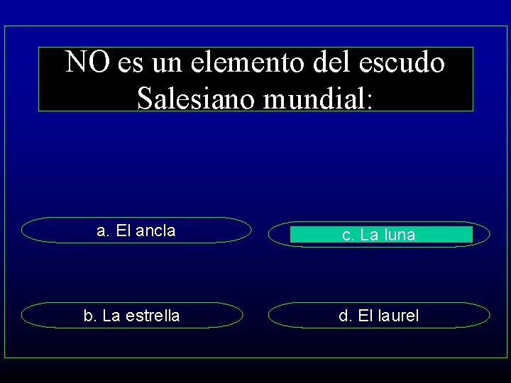 NO es un elemento del escudo Salesiano mundial: a. El ancla c. La luna