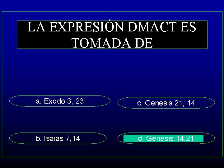 LA EXPRESIÓN DMACT ES TOMADA DE a. Exodo 3, 23 c. Genesis 21, 14