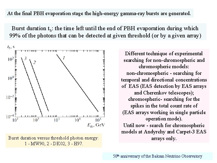 At the final PBH evaporation stage the high-energy gamma-ray bursts are generated. Burst duration