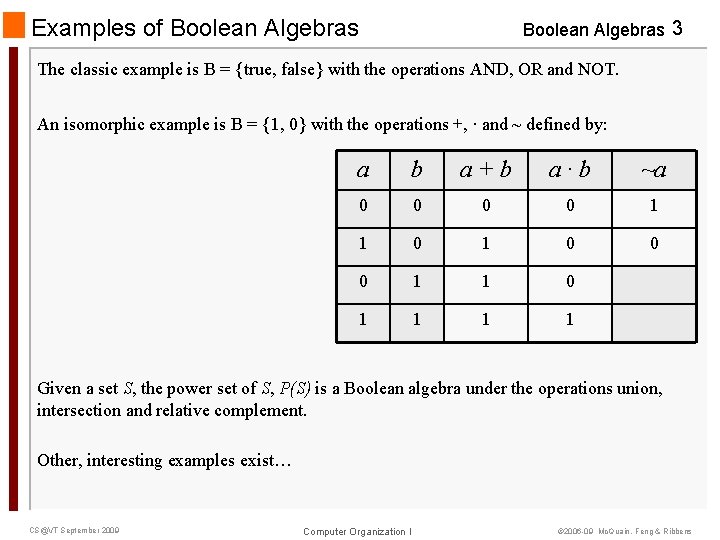 Examples of Boolean Algebras 3 The classic example is B = {true, false} with