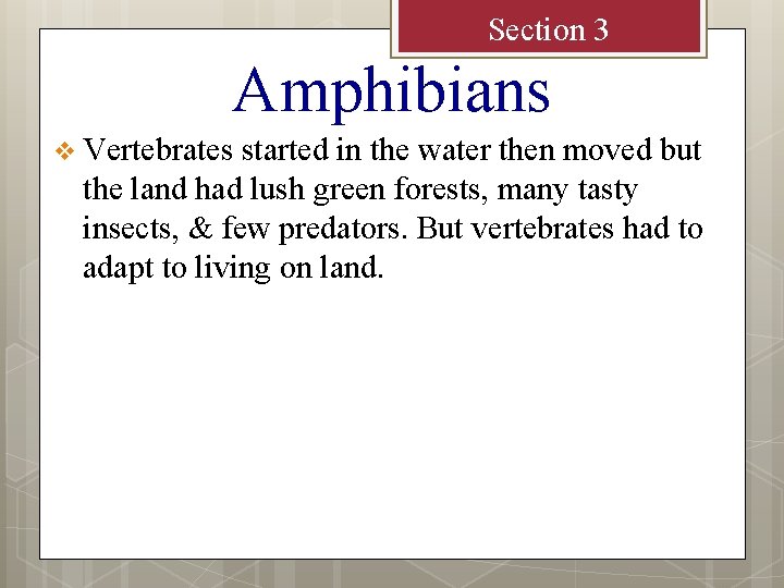Section 3 Amphibians v Vertebrates started in the water then moved but the land