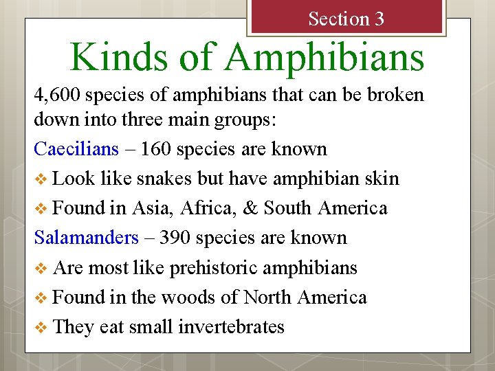 Section 3 Kinds of Amphibians 4, 600 species of amphibians that can be broken