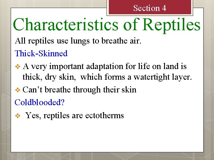 Section 4 Characteristics of Reptiles All reptiles use lungs to breathe air. Thick-Skinned v