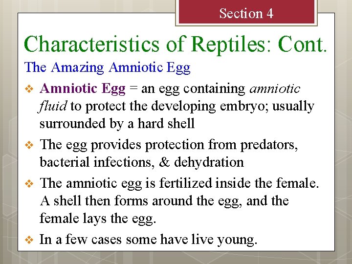 Section 4 Characteristics of Reptiles: Cont. The Amazing Amniotic Egg v Amniotic Egg =