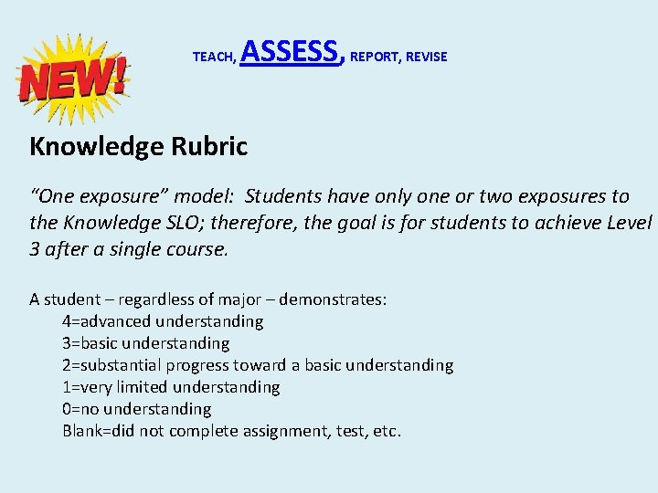 TEACH, ASSESS, REPORT, REVISE Knowledge Rubric “One exposure” model: Students have only one or TEACH, ASSESS, REPORT, REVISE Knowledge Rubric “One exposure” model: Students have only one or