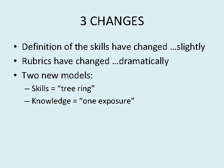 3 CHANGES • Definition of the skills have changed …slightly • Rubrics have changed 3 CHANGES • Definition of the skills have changed …slightly • Rubrics have changed