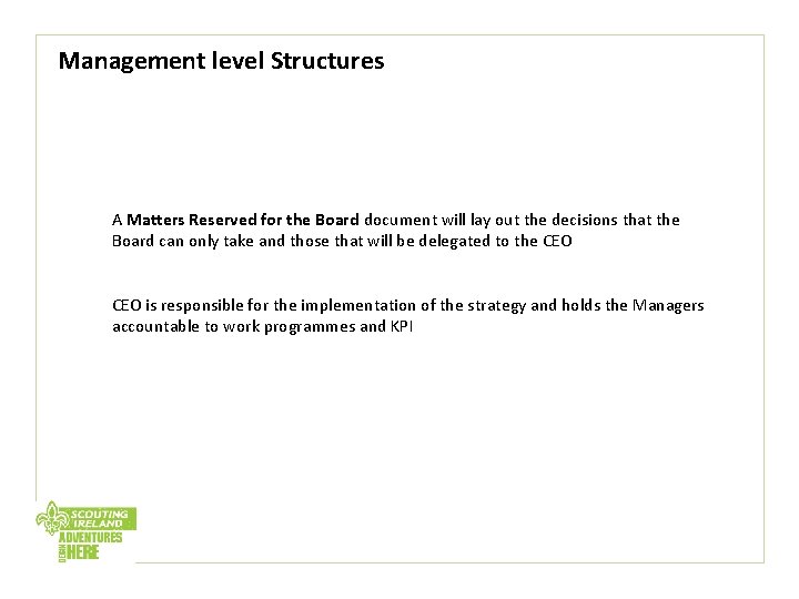Management level Structures A Matters Reserved for the Board document will lay out the