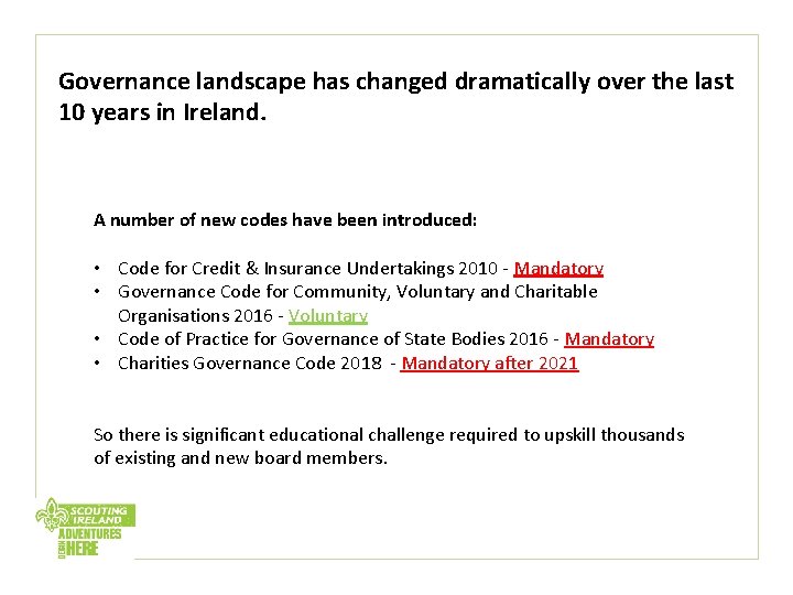 Governance landscape has changed dramatically over the last 10 years in Ireland. A number