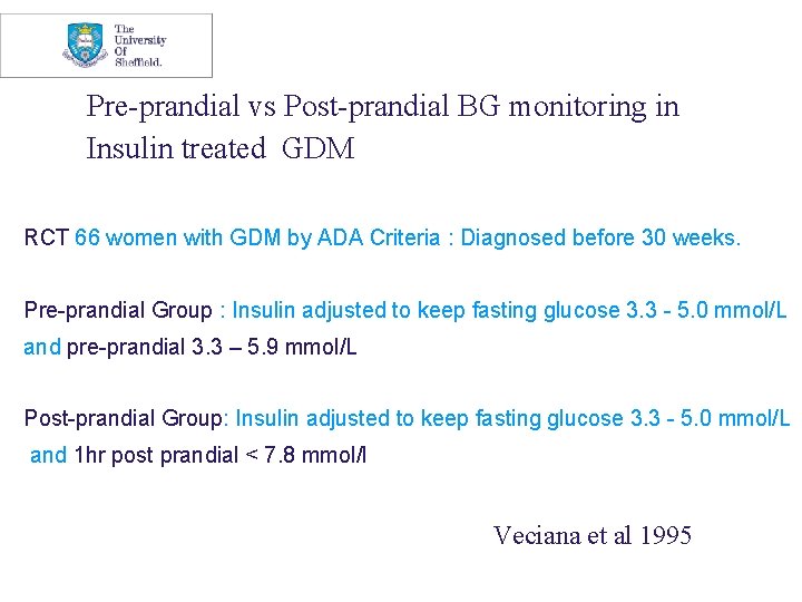 Pre-prandial vs Post-prandial BG monitoring in Insulin treated GDM RCT 66 women with GDM