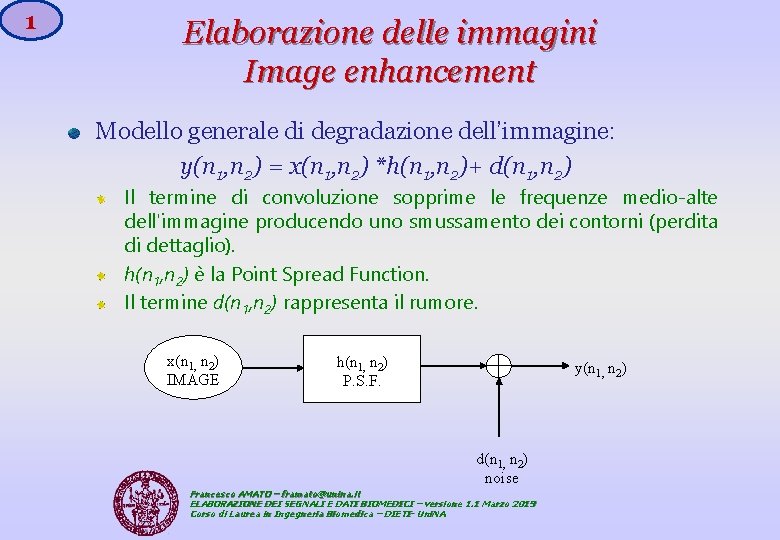 1 Elaborazione delle immagini Image enhancement Modello generale di degradazione dell’immagine: y(n 1, n