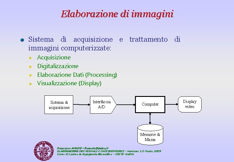 Elaborazione di immagini Sistema di acquisizione e trattamento di immagini computerizzate: Acquisizione Digitalizzazione Elaborazione