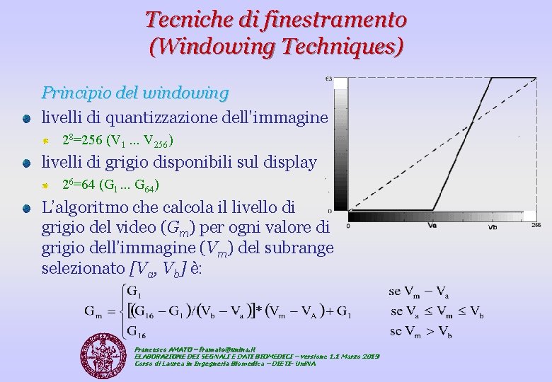 Tecniche di finestramento (Windowing Techniques) Principio del windowing livelli di quantizzazione dell’immagine 28=256 (V