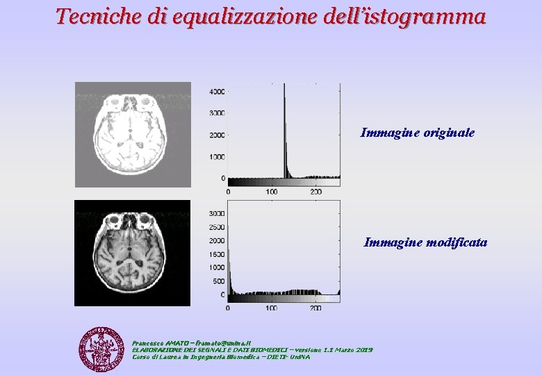 Tecniche di equalizzazione dell’istogramma Immagine originale Immagine modificata Francesco AMATO – framato@unina. it ELABORAZIONE