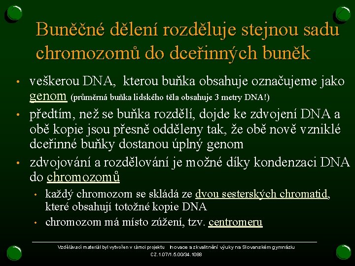 Buněčné dělení rozděluje stejnou sadu chromozomů do dceřinných buněk • • • veškerou DNA, Buněčné dělení rozděluje stejnou sadu chromozomů do dceřinných buněk • • • veškerou DNA,