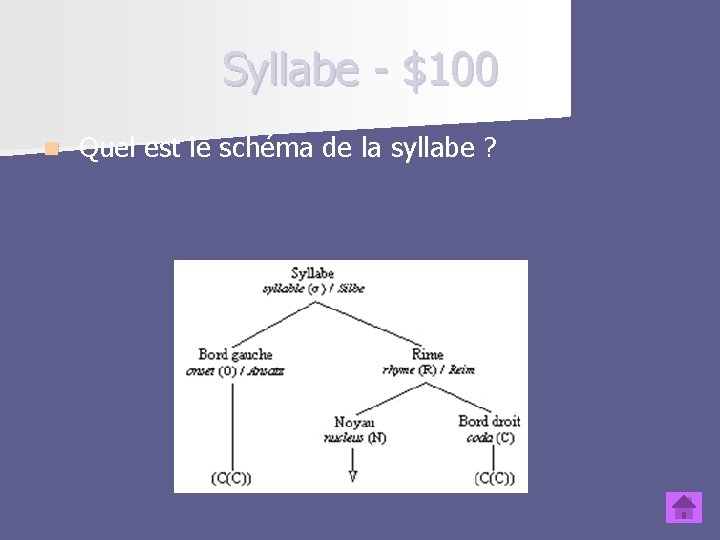 Syllabe - $100 n Quel est le schéma de la syllabe ? 