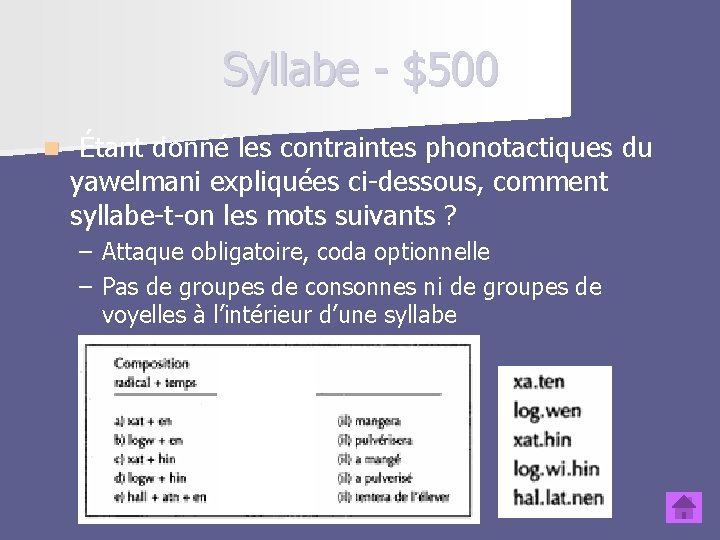 Syllabe - $500 n Étant donné les contraintes phonotactiques du yawelmani expliquées ci-dessous, comment