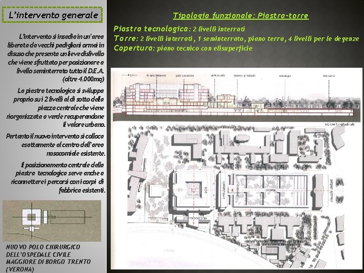 L’intervento generale L’intervento si insedia in un’area liberata da vecchi padiglioni ormai in disuso