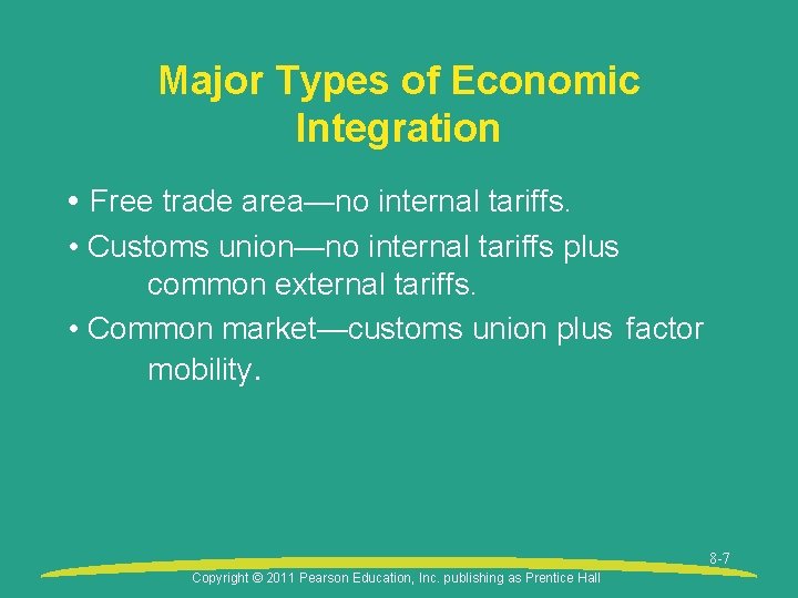 Major Types of Economic Integration • Free trade area—no internal tariffs. • Customs union—no Major Types of Economic Integration • Free trade area—no internal tariffs. • Customs union—no