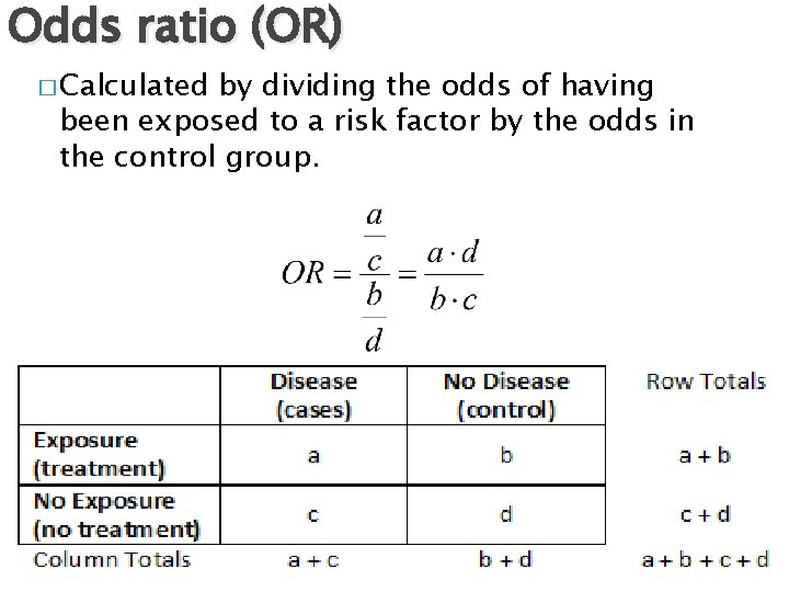 Odds ratio (OR) � Calculated by dividing the odds of having been exposed to